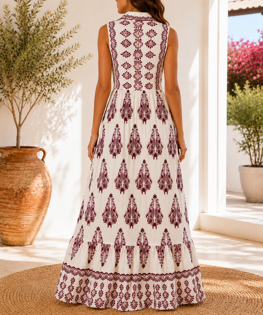 Ladies Red And Cream Sleeveless Paisley Print Maxi Dress - StylePhase SA