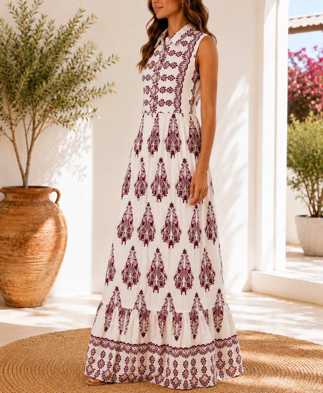 Ladies Red And Cream Sleeveless Paisley Print Maxi Dress - StylePhase SA