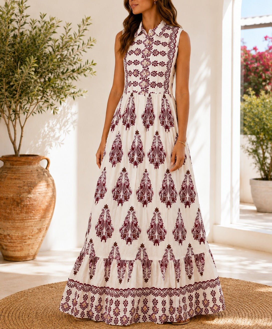 Ladies Red And Cream Sleeveless Paisley Print Maxi Dress - StylePhase SA