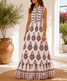 Ladies Red And Cream Sleeveless Paisley Print Maxi Dress - StylePhase SA