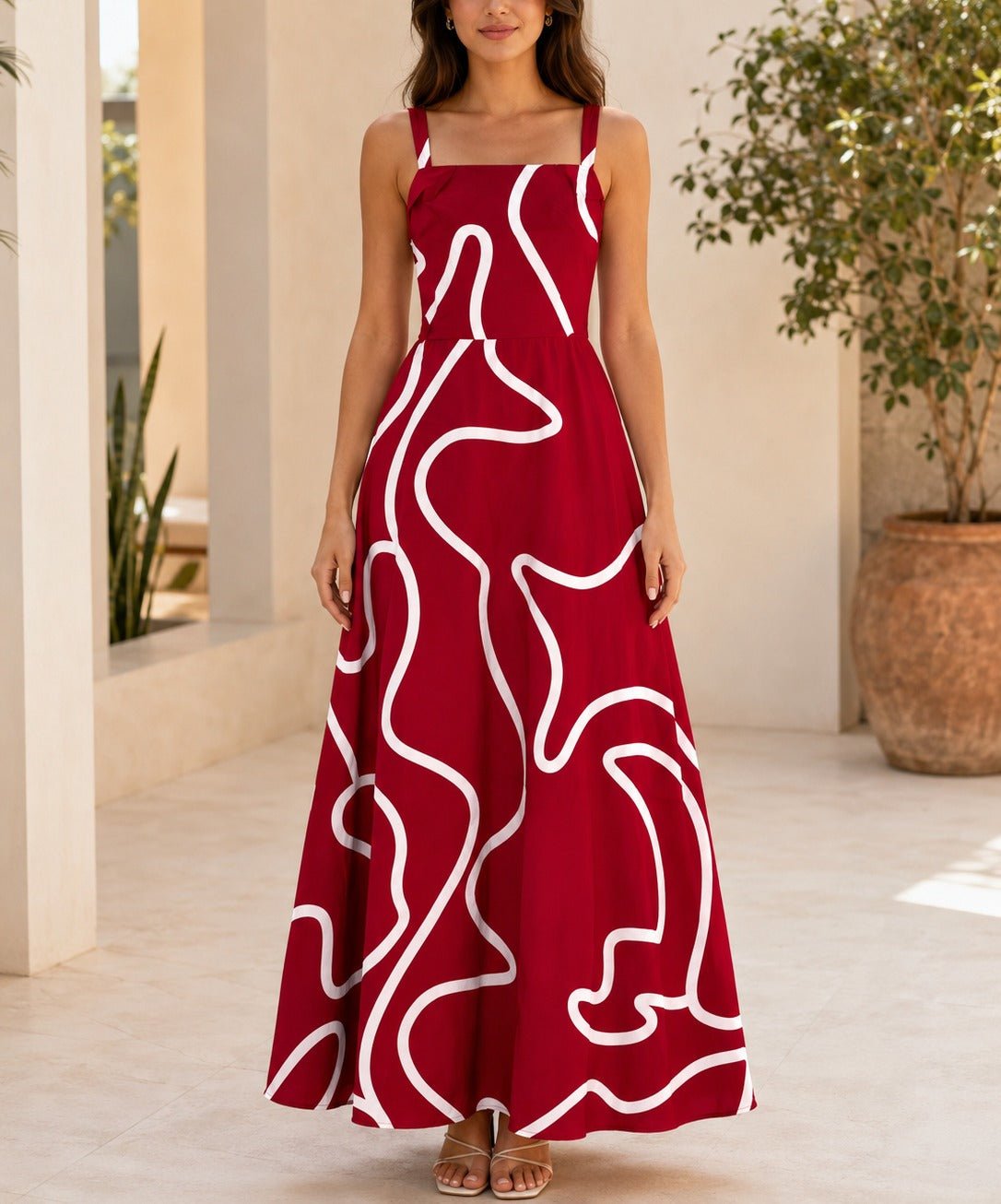 Ladies Red And White A-Line Cami Maxi Dress - StylePhase SA