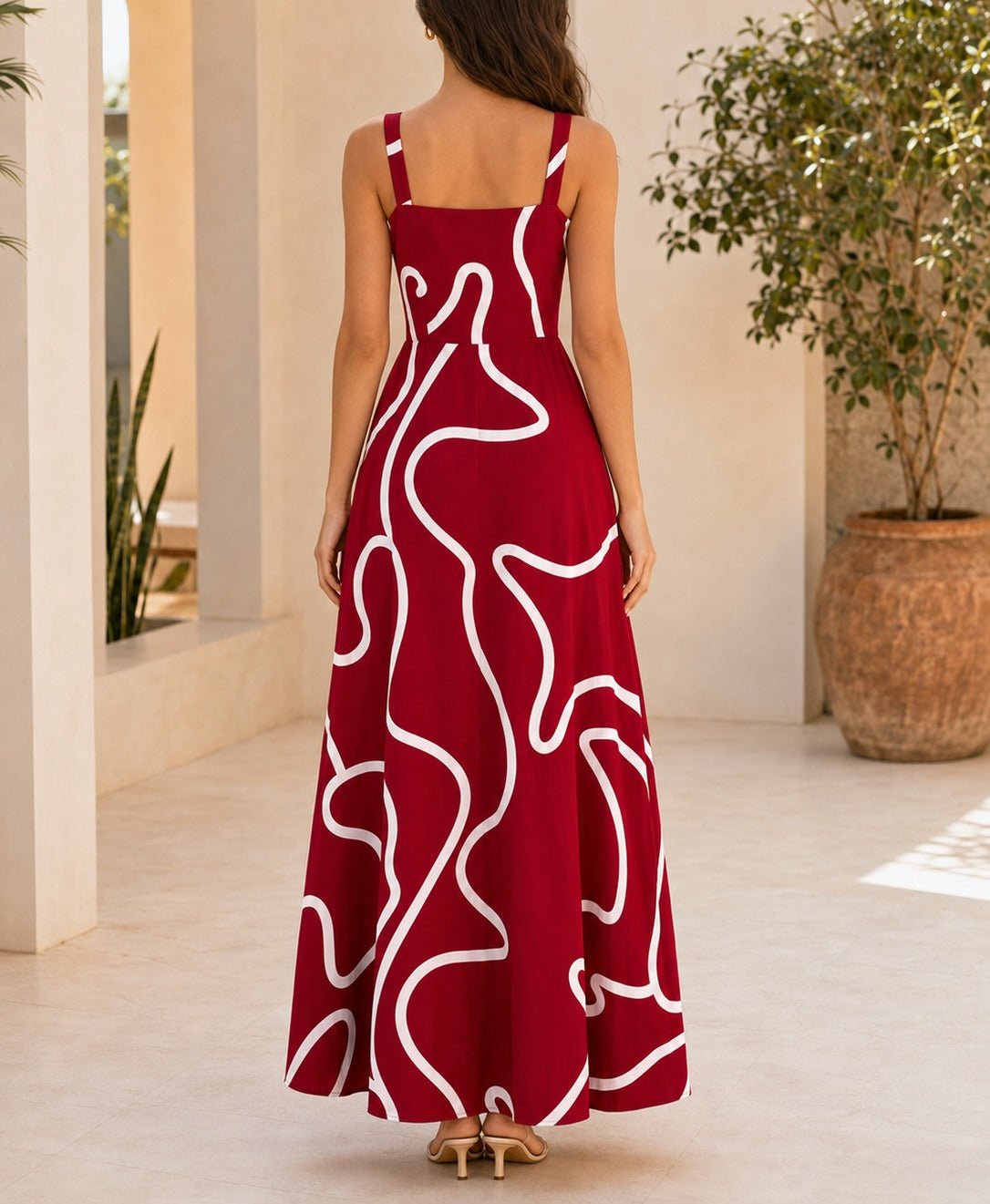 Ladies Red And White A-Line Cami Maxi Dress - StylePhase SA