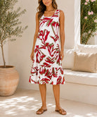 Ladies Red Botanical Print Ruffled Hem Dress - StylePhase SA