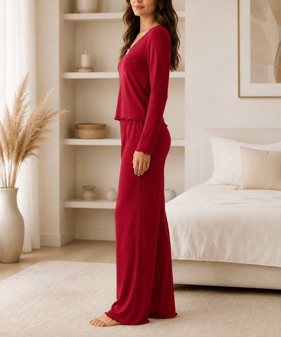 Ladies Red Bow Detail Long Sleeve Pyjama Set - StylePhase SA