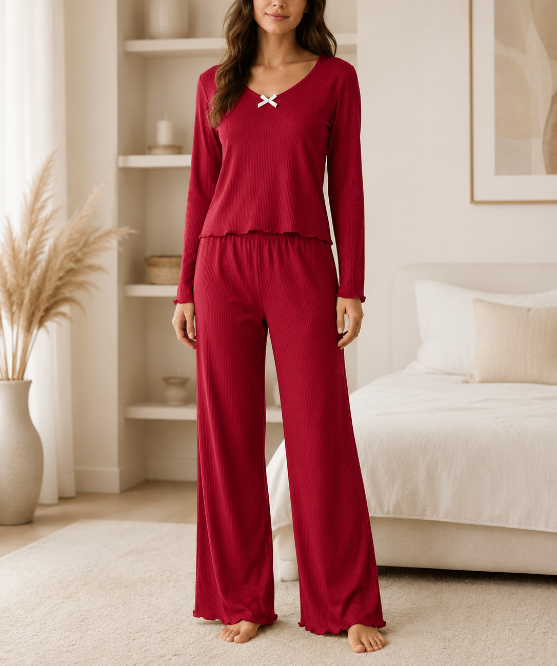 Ladies Red Bow Detail Long Sleeve Pyjama Set - StylePhase SA