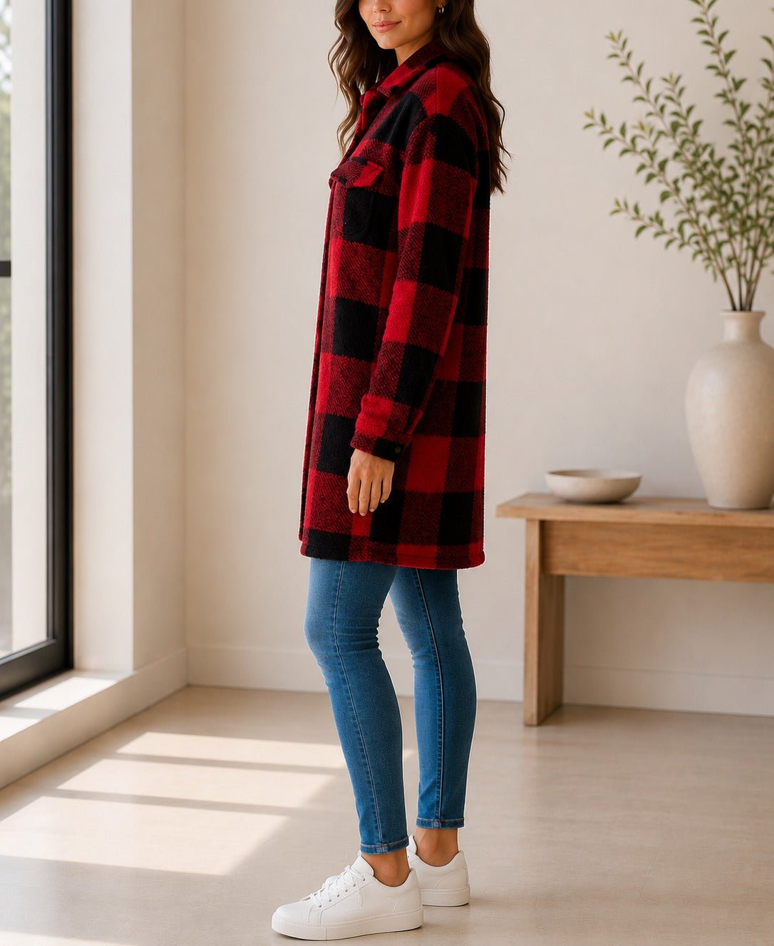 Ladies Red Check Pattern Plush Top - StylePhase SA