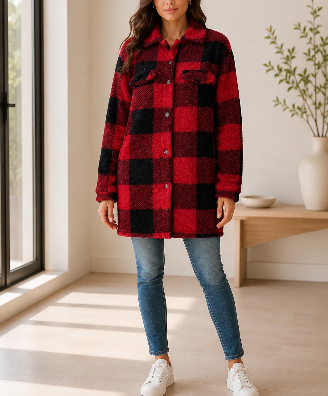 Ladies Red Check Pattern Plush Top - StylePhase SA