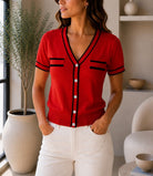 Ladies Red Contrast Trim Button Front Knit Cardigan - StylePhase SA