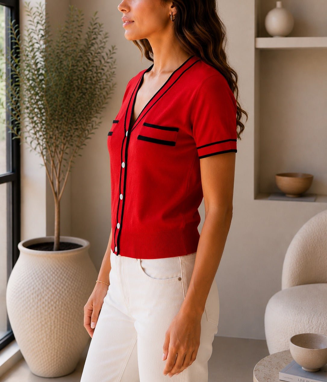 Ladies Red Contrast Trim Button Front Knit Cardigan - StylePhase SA