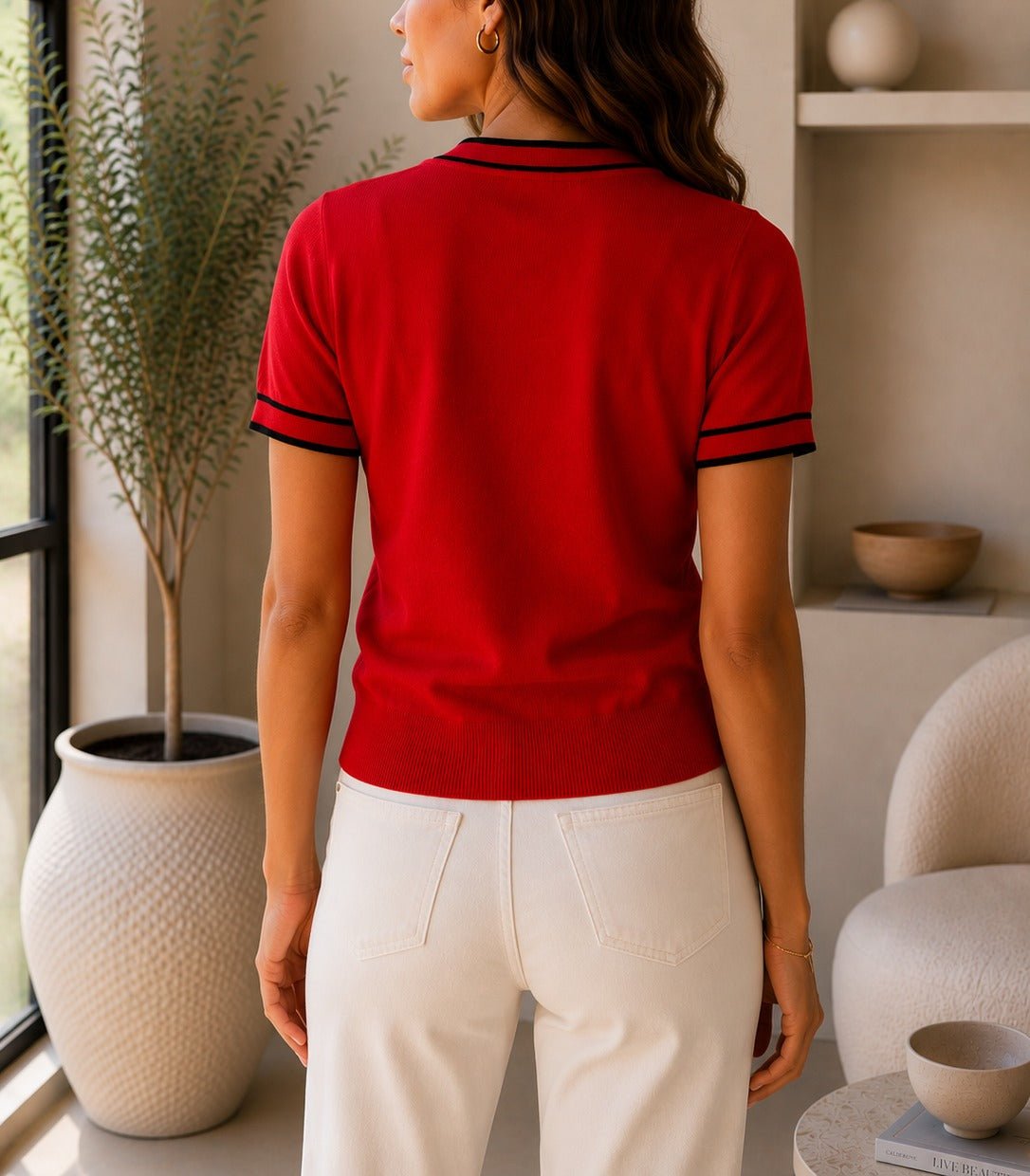 Ladies Red Contrast Trim Button Front Knit Cardigan - StylePhase SA