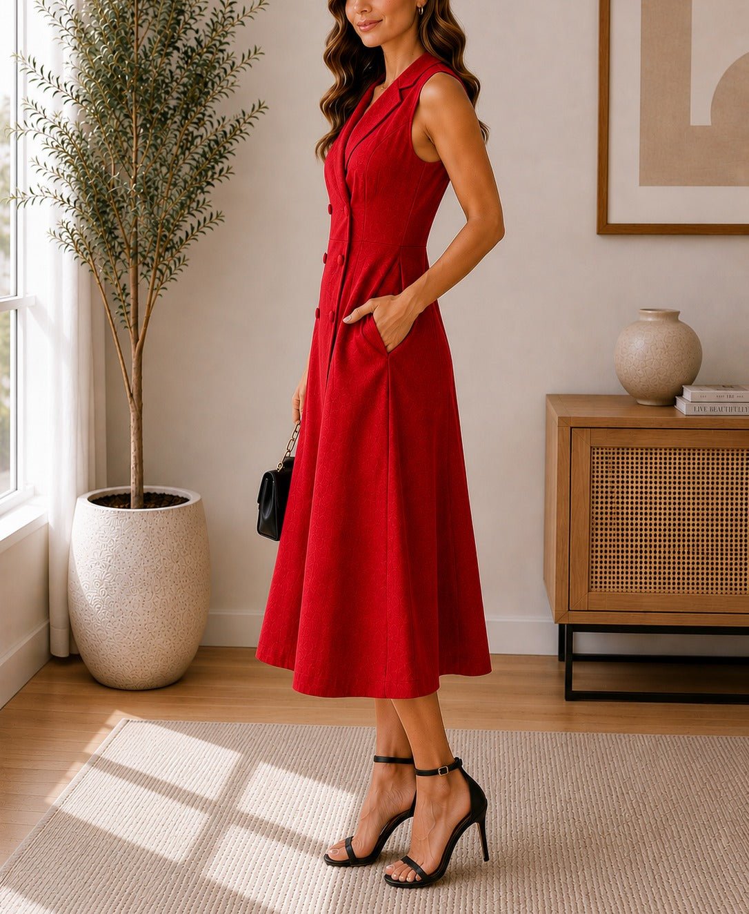 Ladies Red Double Breast Midi Dress - StylePhase SA
