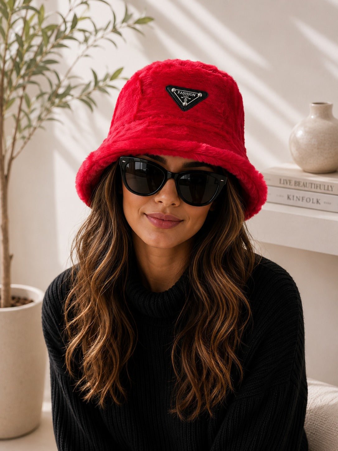 Ladies Red Faux Fur Bucket Hat - StylePhase SA