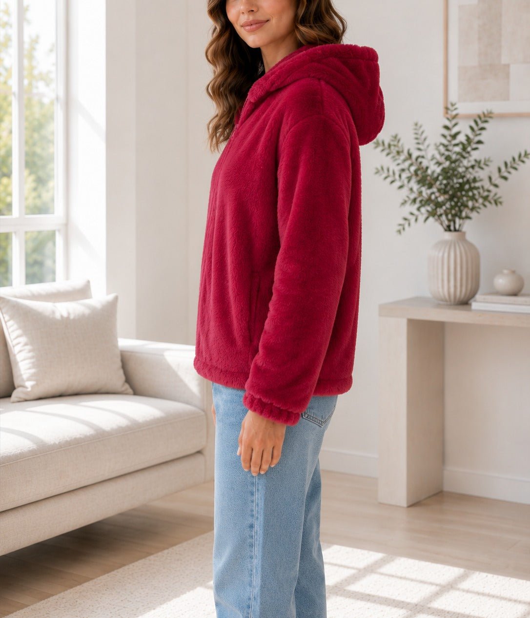 Ladies Red Faux Fur Zip Hoody Jacket - StylePhase SA