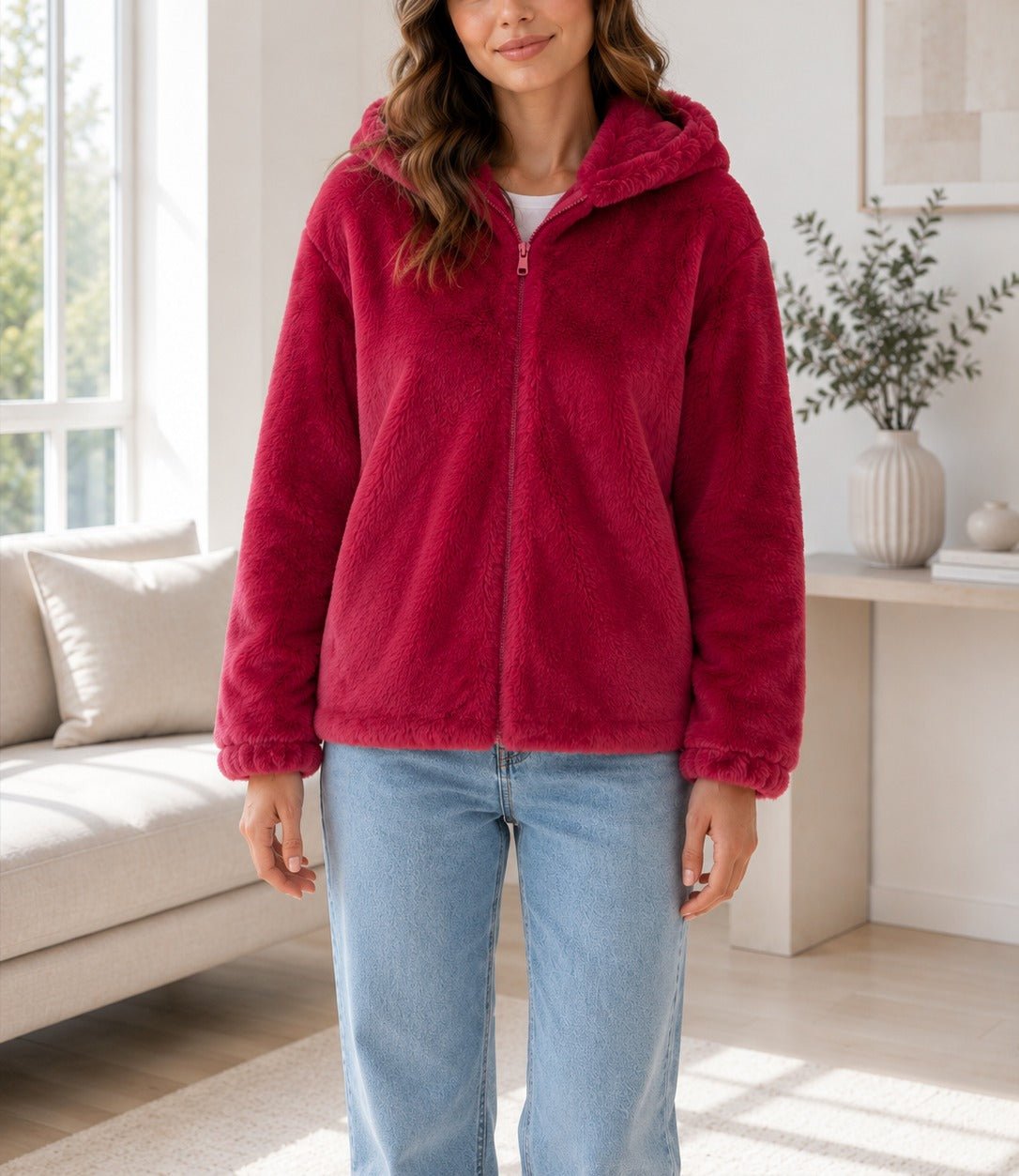 Ladies Red Faux Fur Zip Hoody Jacket - StylePhase SA