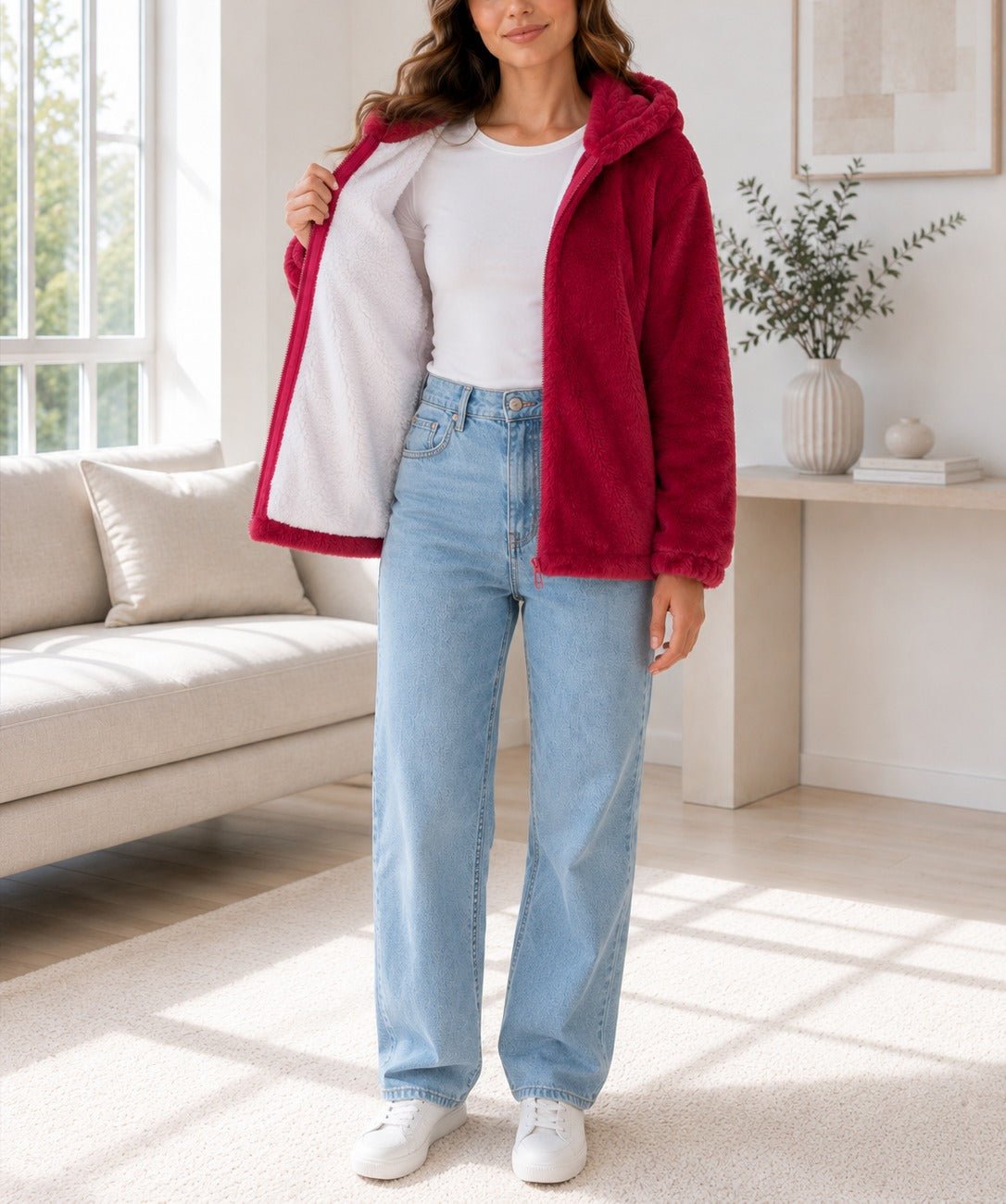 Ladies Red Faux Fur Zip Hoody Jacket - StylePhase SA