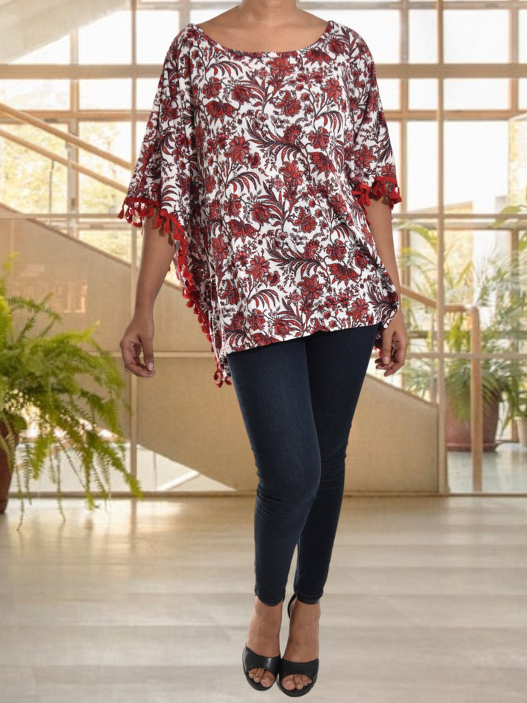 Ladies Red Floral Print Batwing Top - StylePhase SA