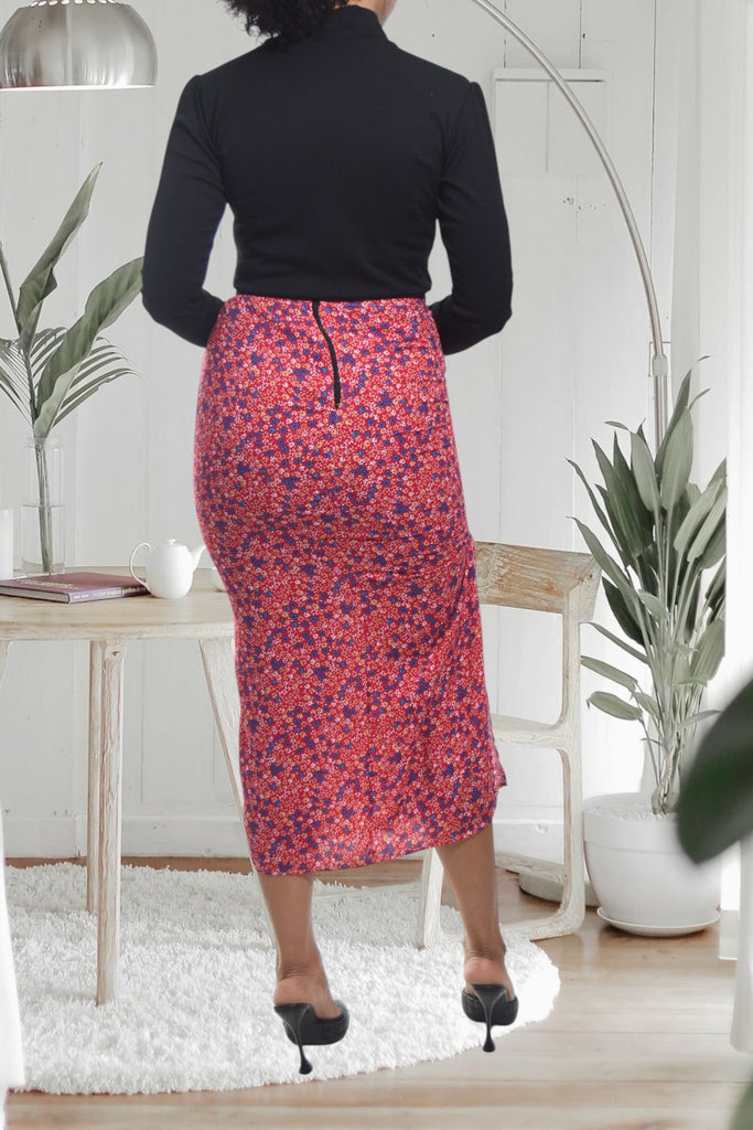 Ladies Red Floral Ruched Skirt - StylePhase SA