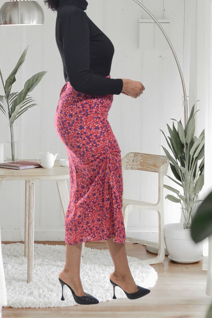 Ladies Red Floral Ruched Skirt - StylePhase SA