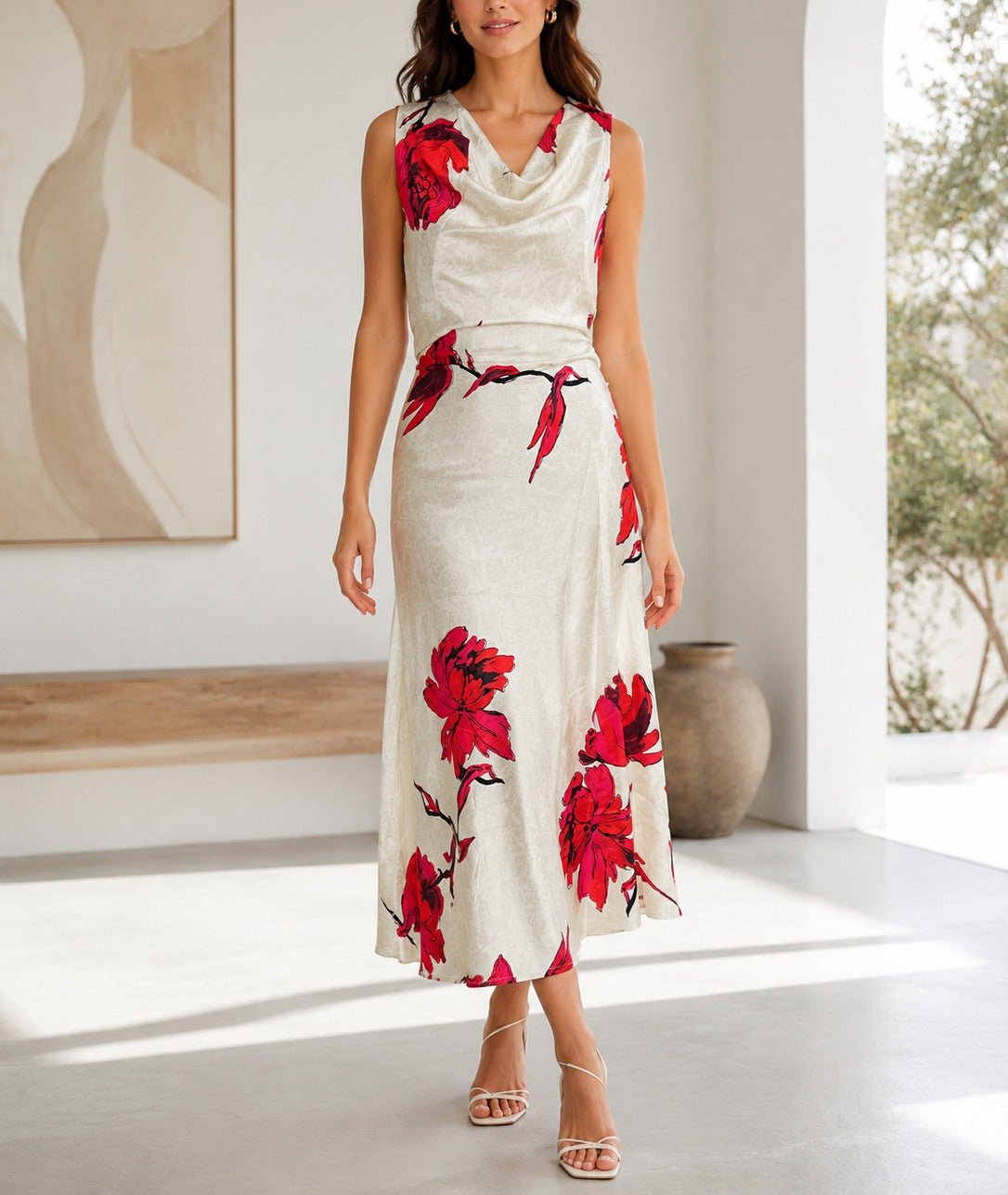 Ladies Red Floral Satin Dress- New Feeling - StylePhase SA