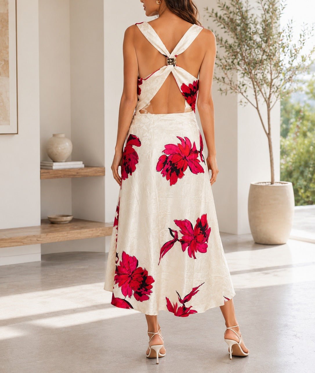 Ladies Red Floral Satin Dress- New Feeling - StylePhase SA