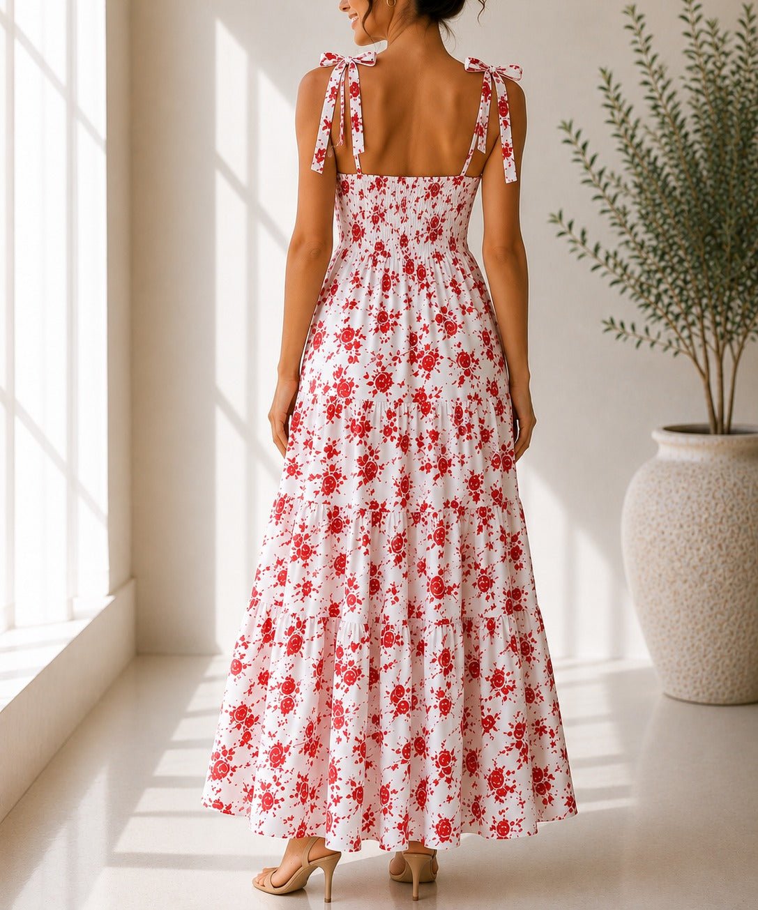 Ladies Red Floral Tie Shoulder Dress - StylePhase SA