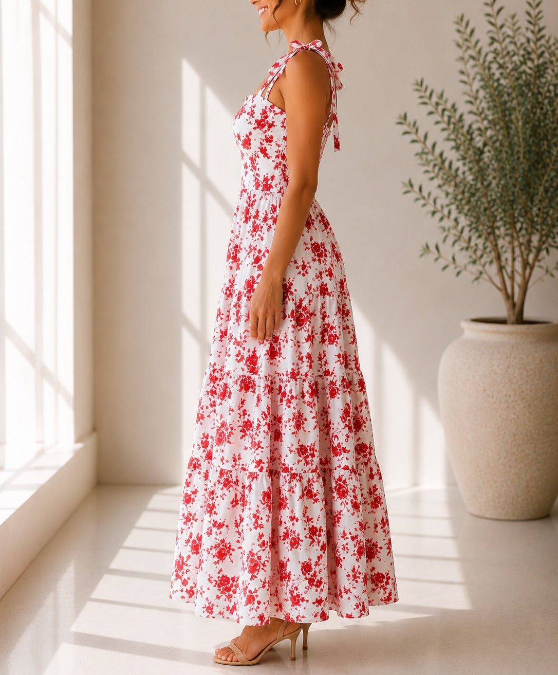 Ladies Red Floral Tie Shoulder Dress - StylePhase SA