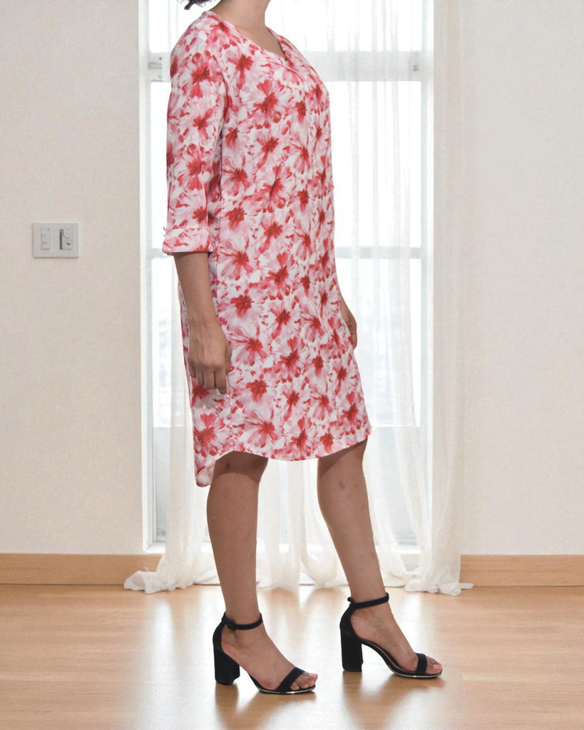 Ladies Red Floral Tunic 3/4 Sleeve Dress - StylePhase SA
