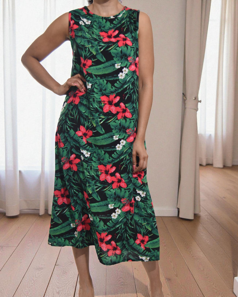 Ladies Red Flower Midi Sleeveless Dress - StylePhase SA