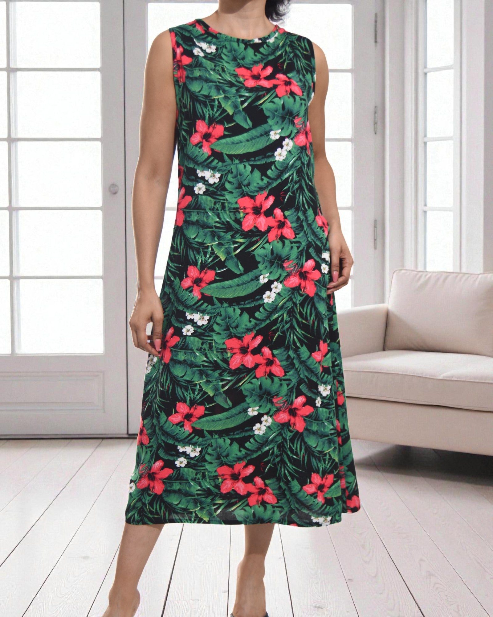 Ladies Red Flower Midi Sleeveless Dress - StylePhase SA