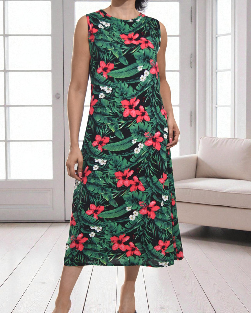 Ladies Red Flower Midi Sleeveless Dress - StylePhase SA