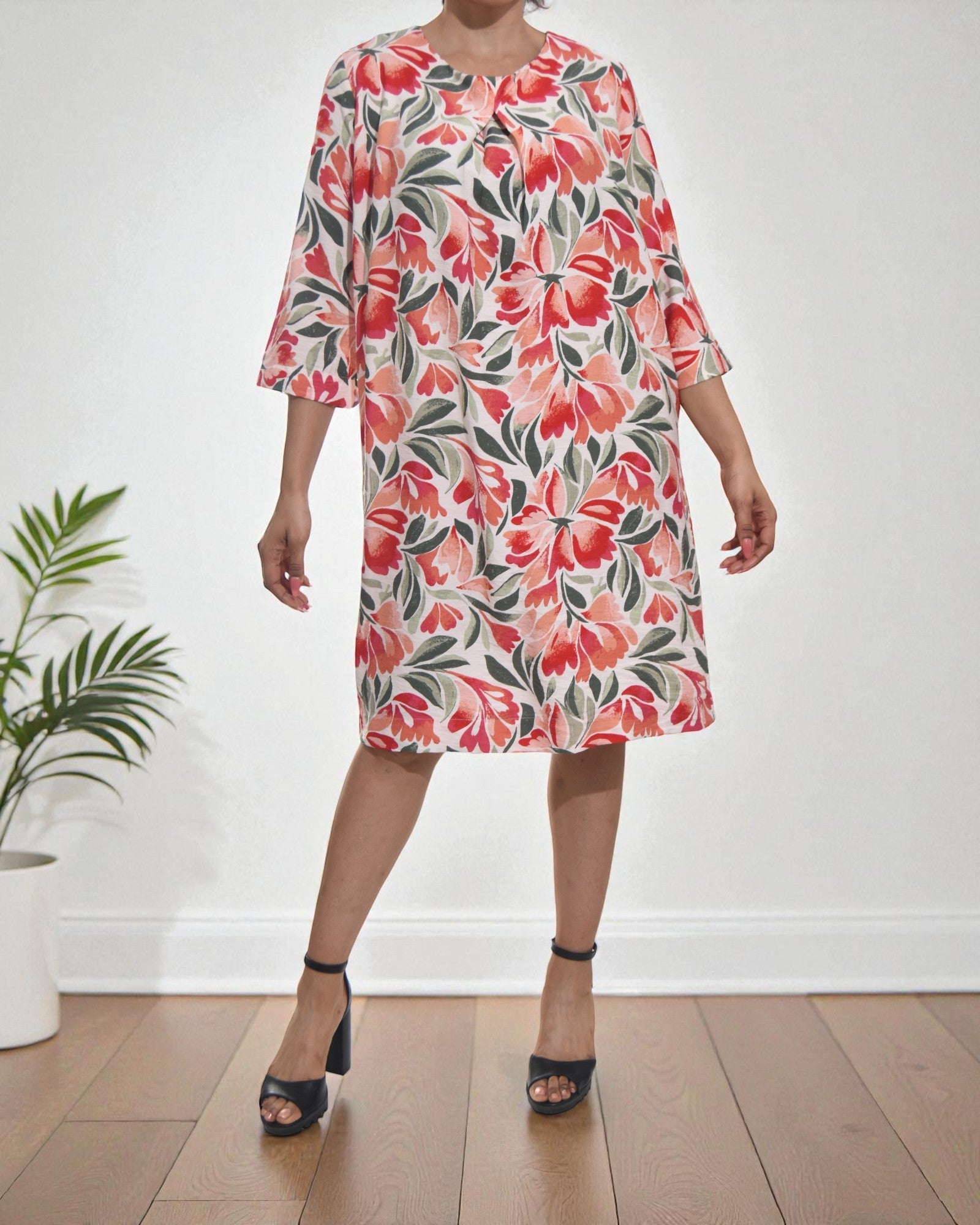 Ladies Red Flowers Tunic 3/4 Sleeve Dress - StylePhase SA