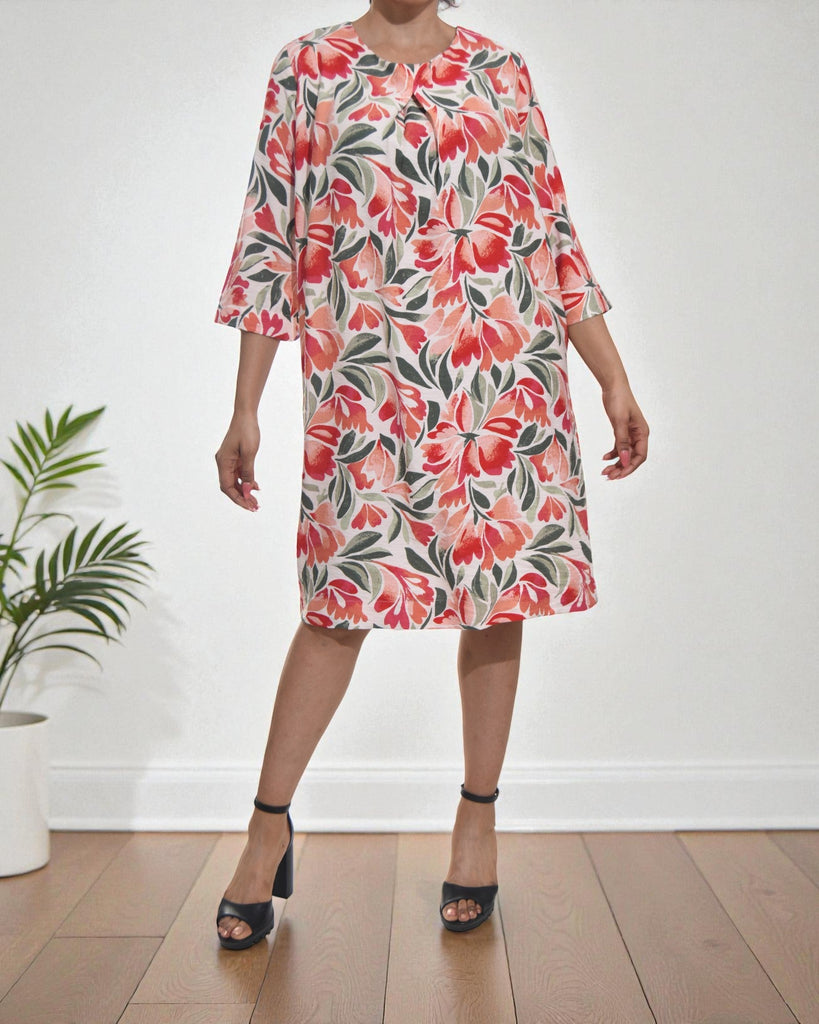 Ladies Red Flowers Tunic 3/4 Sleeve Dress - StylePhase SA