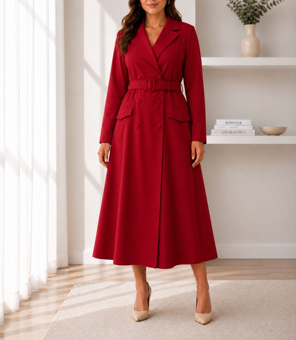 Ladies Red Long Sleeve Belt Dress-New Feeling - StylePhase SA