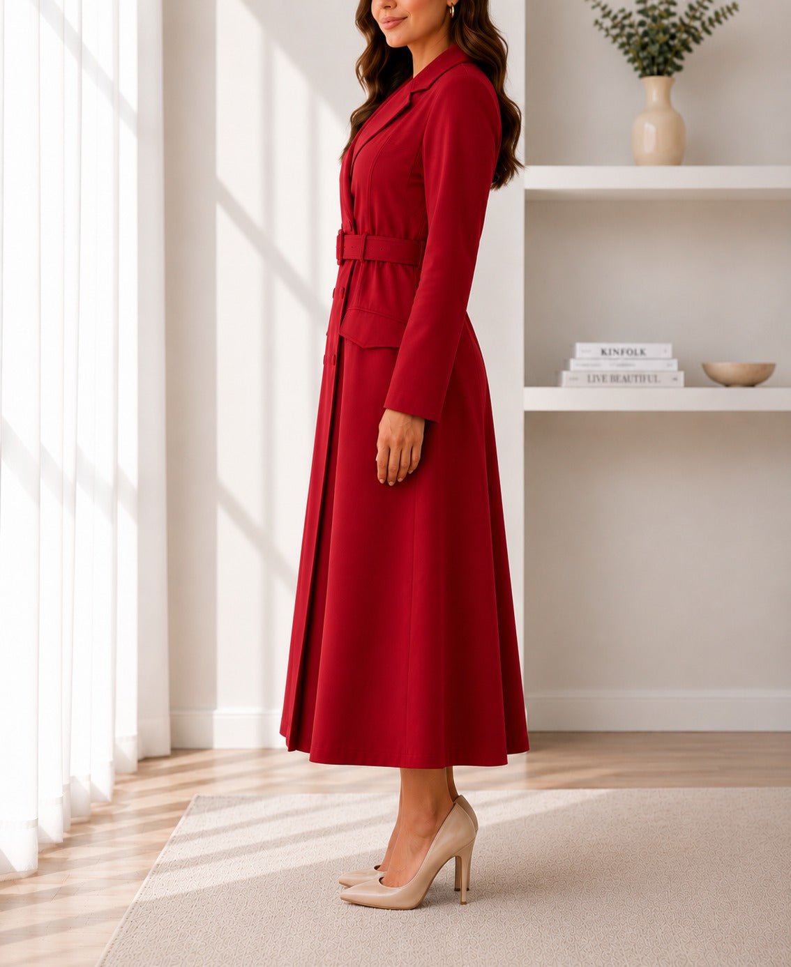 Ladies Red Long Sleeve Belt Dress-New Feeling - StylePhase SA