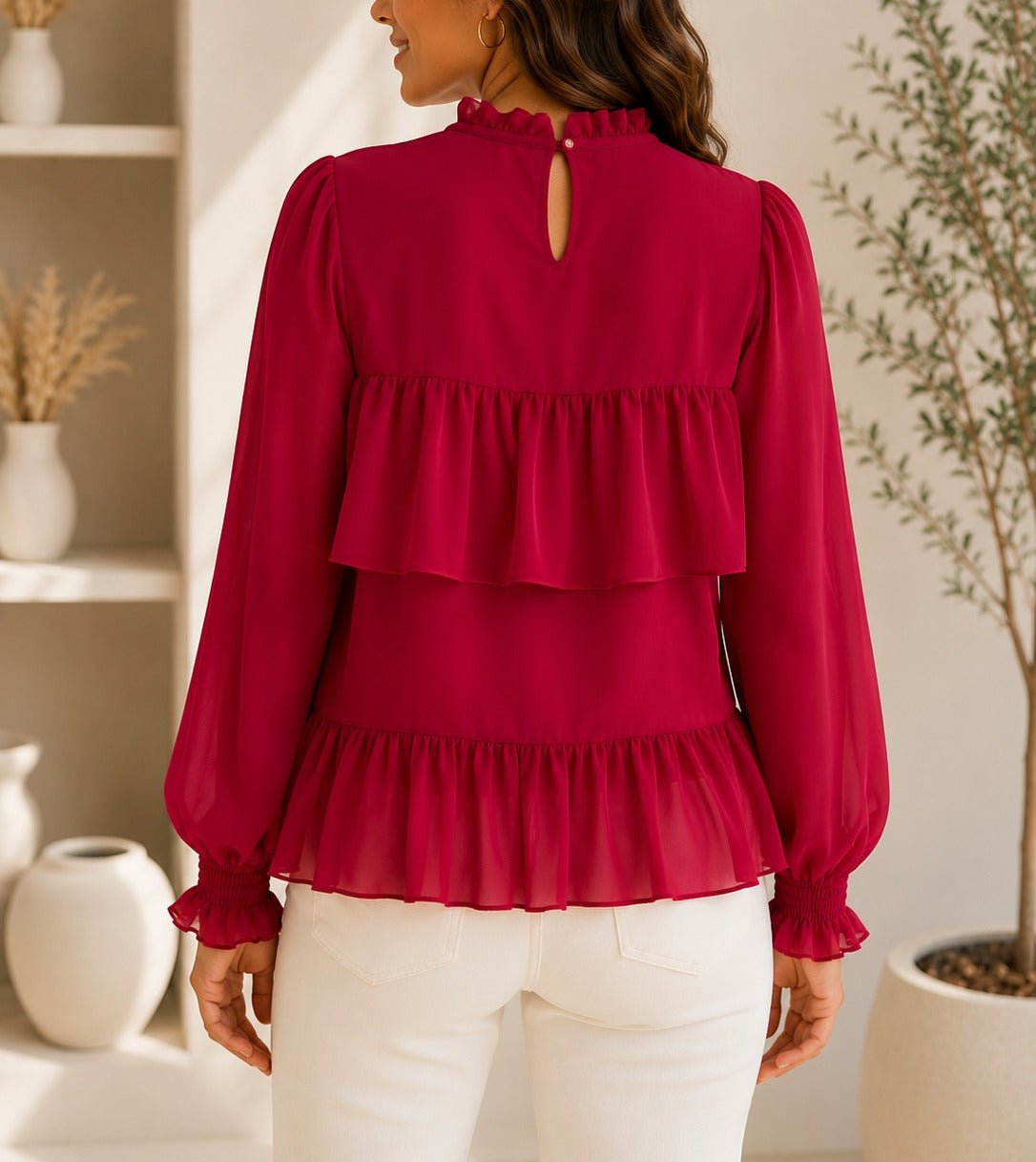 Ladies Red Mock Neckline Chiffon Layered Blouse - StylePhase SA
