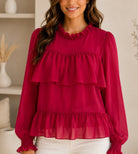 Ladies Red Mock Neckline Chiffon Layered Blouse - StylePhase SA