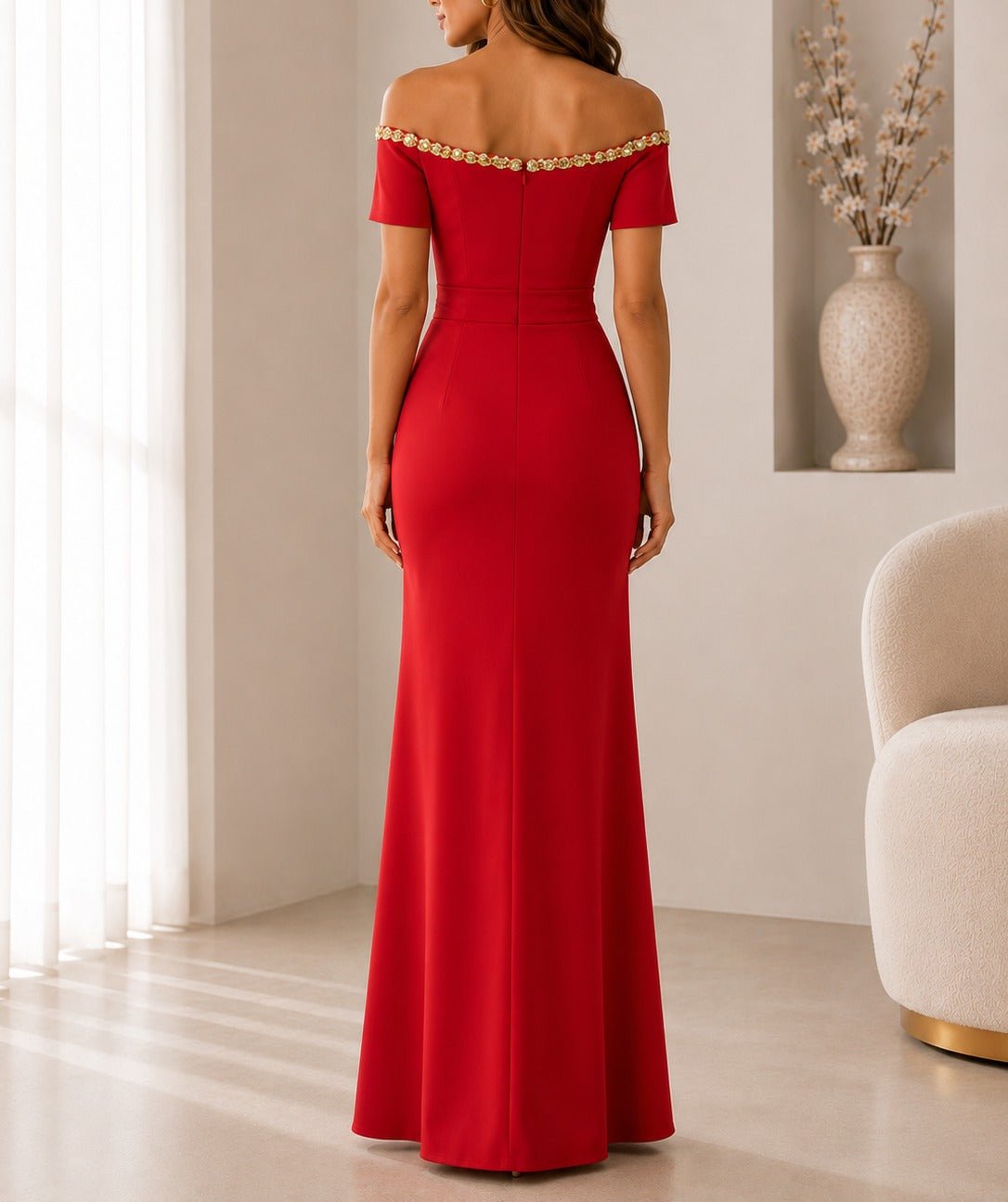Ladies Red New Feeling Embellished Off Shoulder Maxi Dress - StylePhase SA