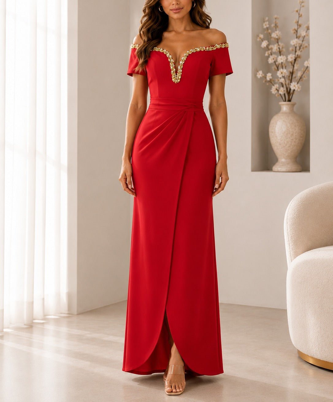 Ladies Red New Feeling Embellished Off Shoulder Maxi Dress - StylePhase SA