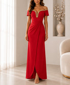 Ladies Red New Feeling Embellished Off Shoulder Maxi Dress - StylePhase SA