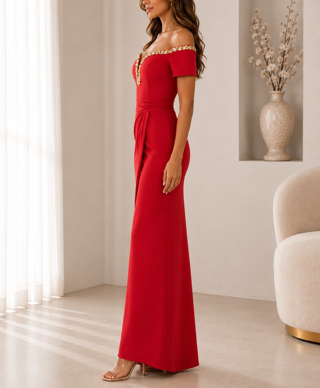 Ladies Red New Feeling Embellished Off Shoulder Maxi Dress - StylePhase SA