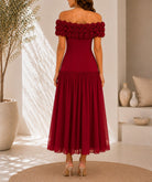 Ladies Red Off Shoulder 3 D Fabric Rose Dress - StylePhase SA