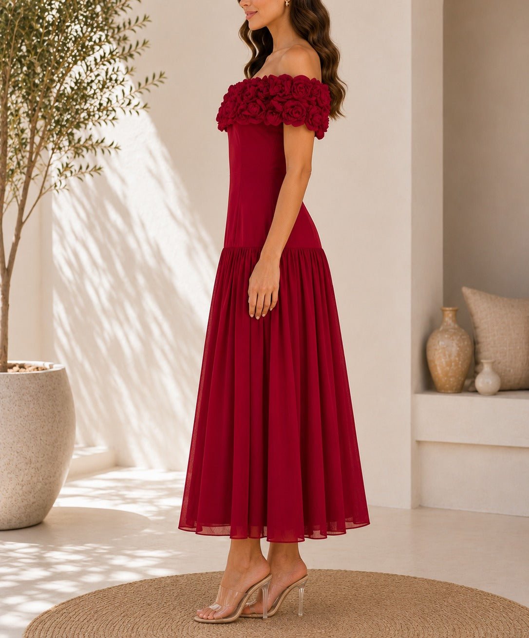 Ladies Red Off Shoulder 3 D Fabric Rose Dress - StylePhase SA
