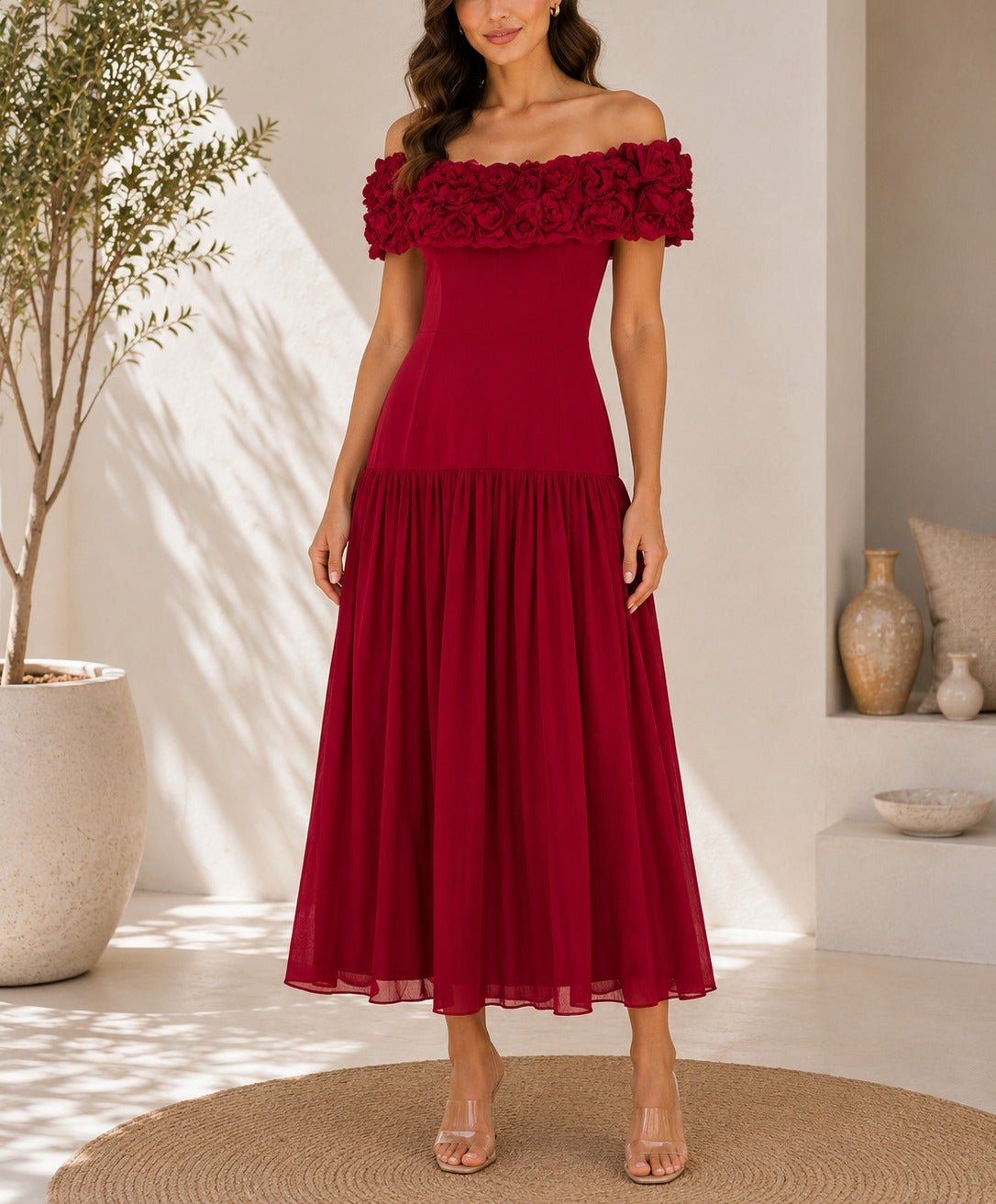 Ladies Red Off Shoulder 3 D Fabric Rose Dress - StylePhase SA