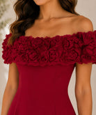Ladies Red Off Shoulder 3 D Fabric Rose Dress - StylePhase SA