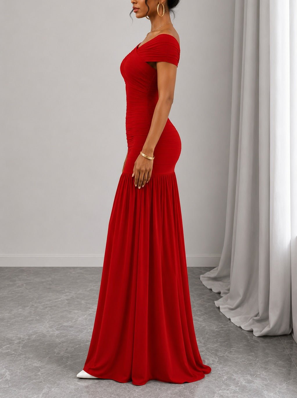 Ladies Red Off Sleeve Maxi Dress - StylePhase SA