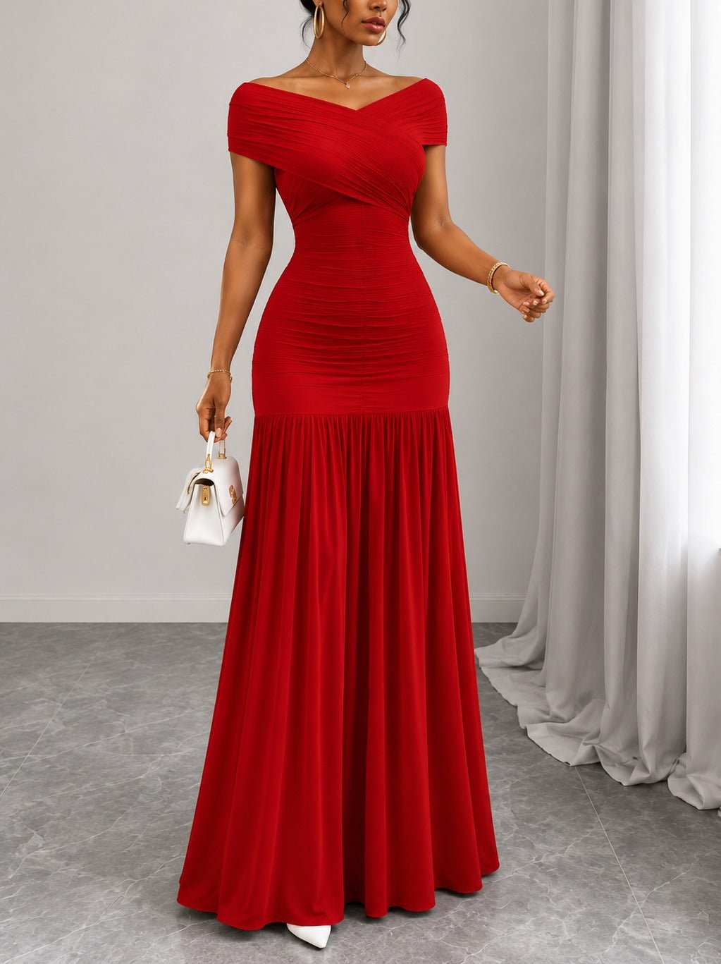 Ladies Red Off Sleeve Maxi Dress - StylePhase SA
