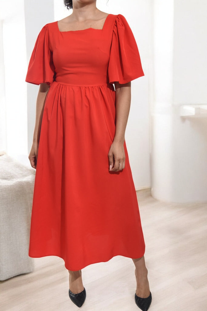 Ladies Red Puff Sleeve Fit & Flare Maxi Dress - StylePhase SA