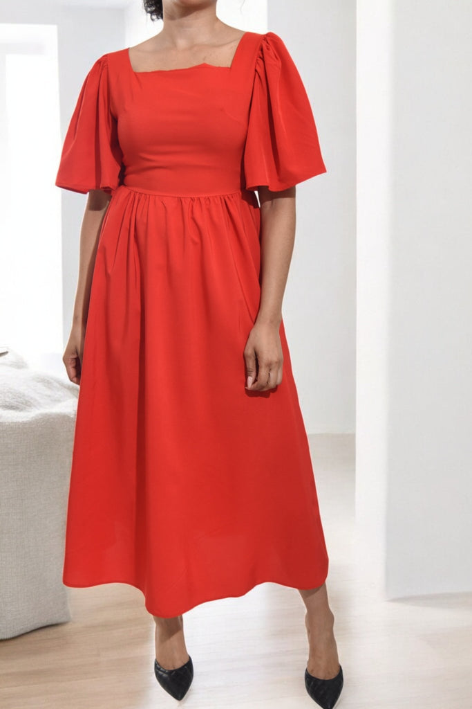 Ladies Red Puff Sleeve Fit & Flare Maxi Dress - StylePhase SA