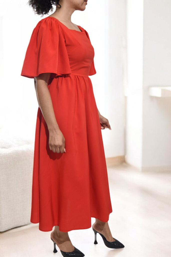 Ladies Red Puff Sleeve Fit & Flare Maxi Dress - StylePhase SA
