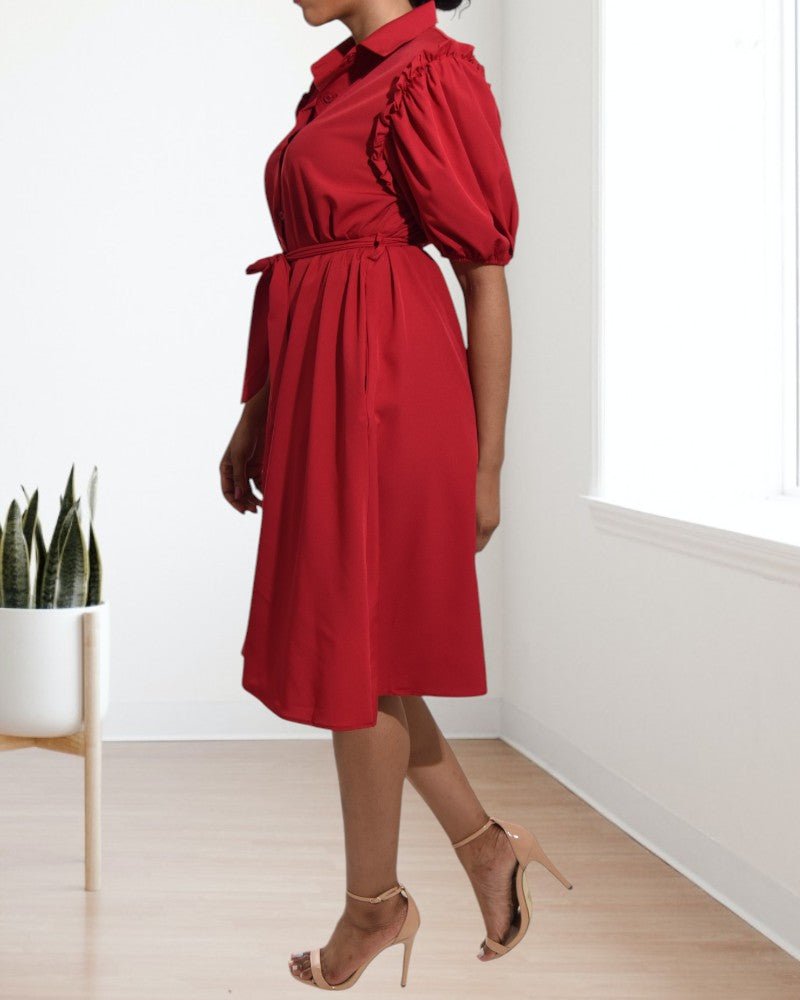 Ladies Red Puff Sleeves Shirt Dress - StylePhase SA